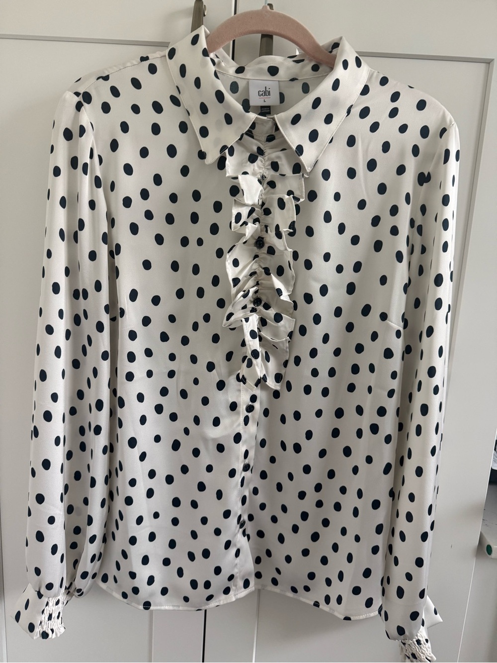 CAbi White Blouse with Navy Polka Dots and Front Ruffle